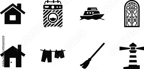 Household and home service icon set with house, washing machine, boat, window, laundry, broom and lighthouse silhouettes isolated on white background