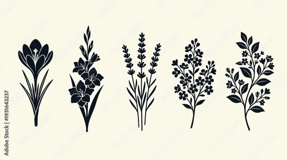 Fototapeta premium Minimalist Botanical Floral Silhouettes Vector Set