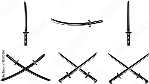 Katana sword silhouette collection featuring crossed samurai blades and traditional Japanese weapons isolated on white background, detailed black vector illustration set