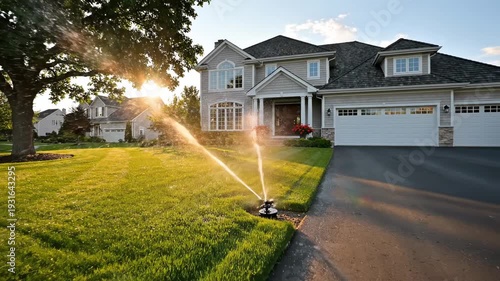 Beautiful house with a green lawn and a sprinkler system.