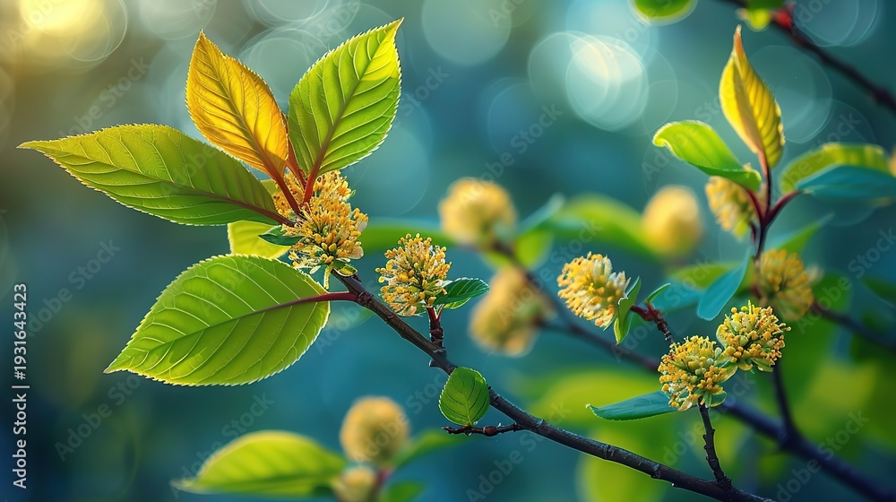 Obraz premium Natural Spring Landscape Featuring Fresh Leaves and Blooming Blossoms on Branches