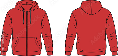 Red zip up hoodie flat vector illustration, front and back view casual sweatshirt apparel fashion template design