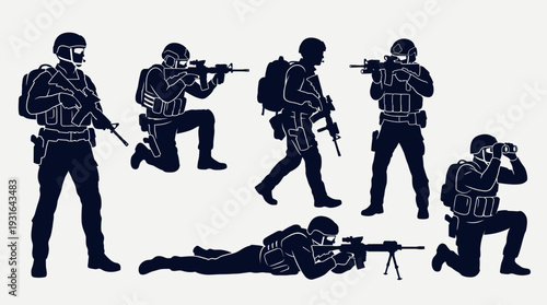 Military Soldier Tactical Silhouettes Set with Weapons and Gear
