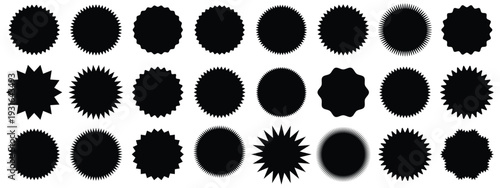 Set of black price sticker, sale or discount sticker, sunburst badges icon. Stars shape with different number of rays. Red starburst promotional badge set, shopping,Special offer price tag