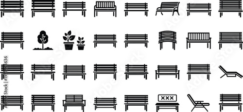 Park bench silhouette collection with various outdoor seating designs, garden furniture icons isolated on white background, simple black vector illustration set