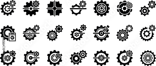 Collection of black gear icons on white background
