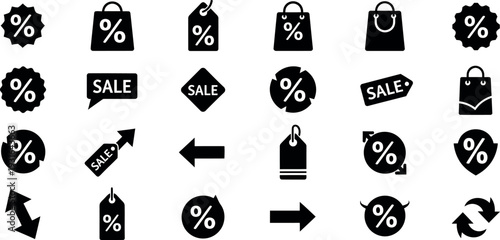 Collection of black and white discount icons and labels