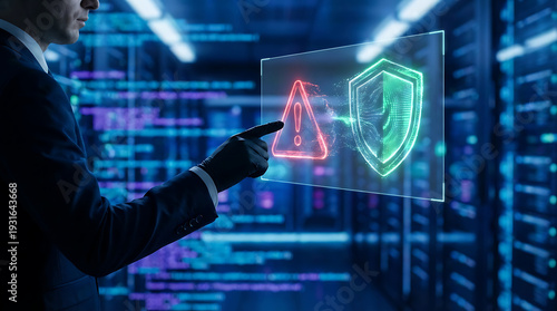 Businessman protecting data with shield icon in server room