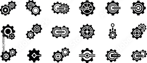 Collection of gear and cogwheel icons in various styles and designs