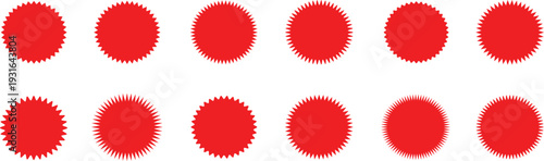 Set of red price sticker, sale or discount sticker, sunburst badges icon. Stars shape with different number of rays. Red starburst promotional badge set, shopping,Special offer price tag
