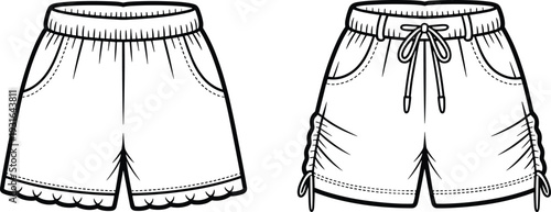 Women casual drawstring shorts front and side view flat vector illustration, summer fashion apparel technical clothing design template