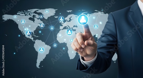 Businessman interacting with a global network