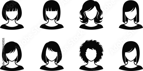 Set of female avatar silhouettes with various short and medium hairstyles isolated on white background, modern black profile icons collection for design