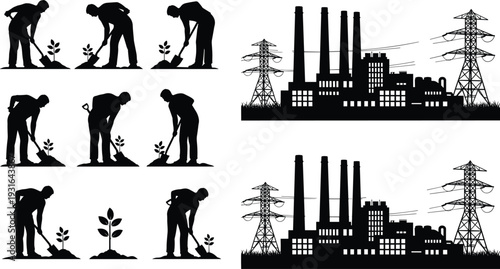 Silhouette of workers planting trees and industrial factory with power lines, environmental pollution and sustainability concept vector illustration isolated on white background