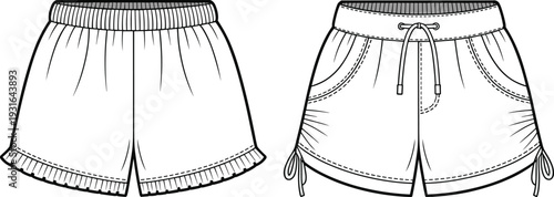 Women elastic waistband shorts front and back view flat vector illustration, casual summer clothing technical fashion design template