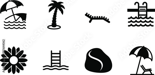 Summer beach vacation icon set with umbrella, palm tree, sunbed, pool ladder and sea waves silhouettes isolated on white background vector illustration