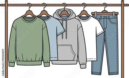 Casual clothing collection on hanger rack flat vector illustration, organized wardrobe with sweater hoodie t shirt and jeans