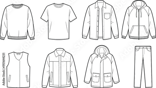 Men clothing technical drawing set, sweatshirt t shirt jacket hoodie vest coat pants flat vector illustration collection