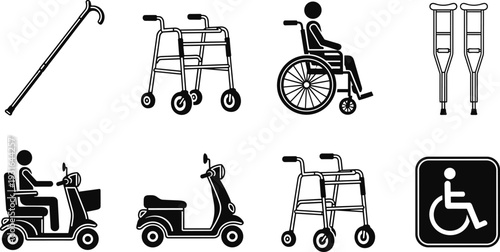 Mobility aid and disability equipment silhouette set including wheelchair, walker, crutches, cane, mobility scooter and accessible sign isolated on white background