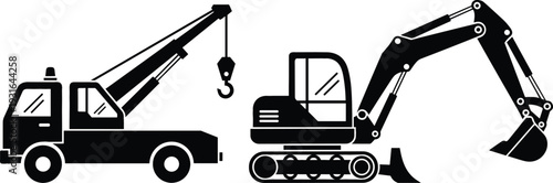 Crane Truck and Excavator Silhouette Icon Set Featuring Heavy Construction Machinery Vehicles in Solid Black Vector Style