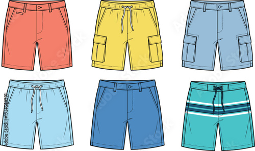 Men shorts set flat vector illustration, casual cargo drawstring summer beach sportswear colorful fashion apparel collection design