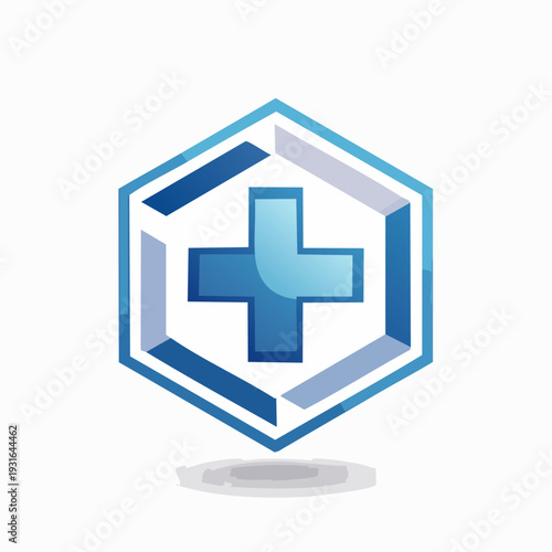 Modern Hexagonal Medical Symbol with a Blue Cross Inside
