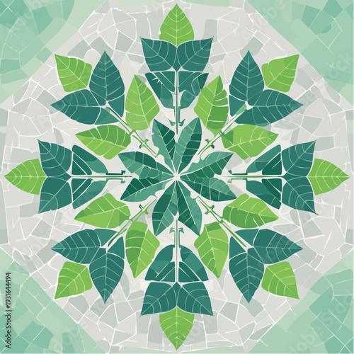 Symmetrical green leaf pattern with a mosaic background, creating a refreshing botanical design aesthetic
