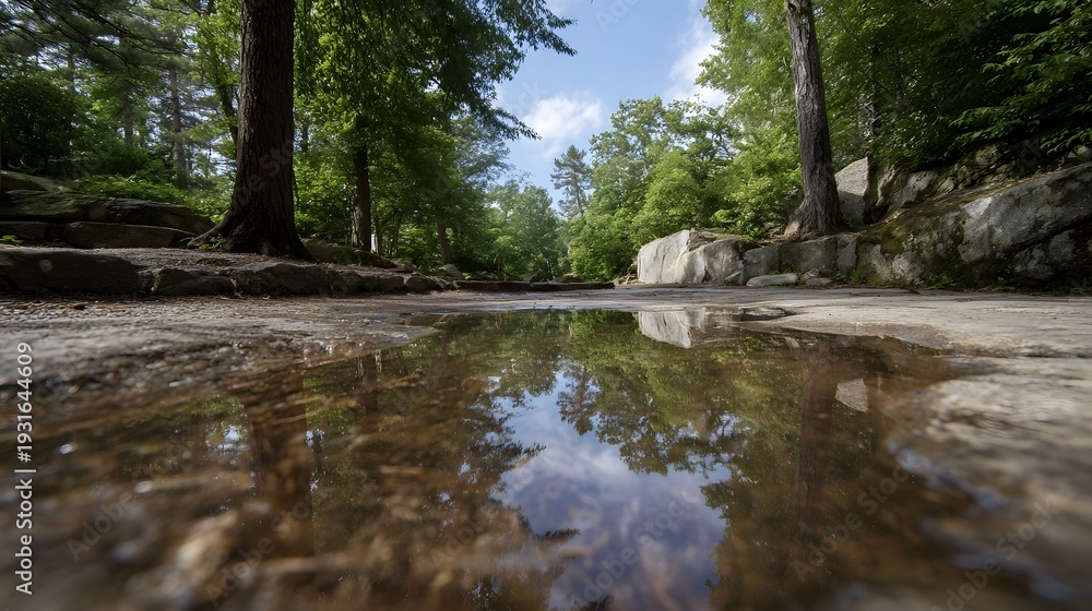 Fototapeta premium Ground level perspective of a forest path featuring a calm puddle mirroring the sky and lush green trees