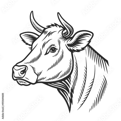 Cow head line art. Hand drawn sketch vector illustration in a vintage style.