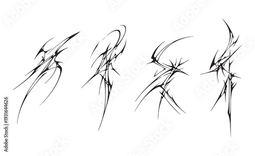 Collection Of Grunge Y2k Tattoo Streetwear Graphic Elements. Gothic Linework Neo Tribal Cyber Sigilism Shapes Vector Design. and Edgy Branding. Black Modern Sigilism Art Ornaments.
