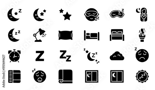 Black Glyph Sleep and Nighttime Icon Set