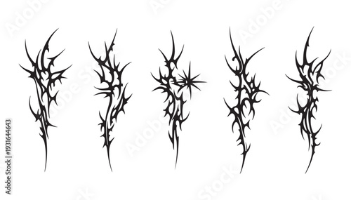 Set Gothic Neo Tribal Fire Abstract Graphics. Y2K Cyber Tribal Shapes Vector Set. Edgy Sigilism Design Elements for Streetwear, Clothing Brand Apparel, and Modern Tattoo Art. Black Vector Illustration