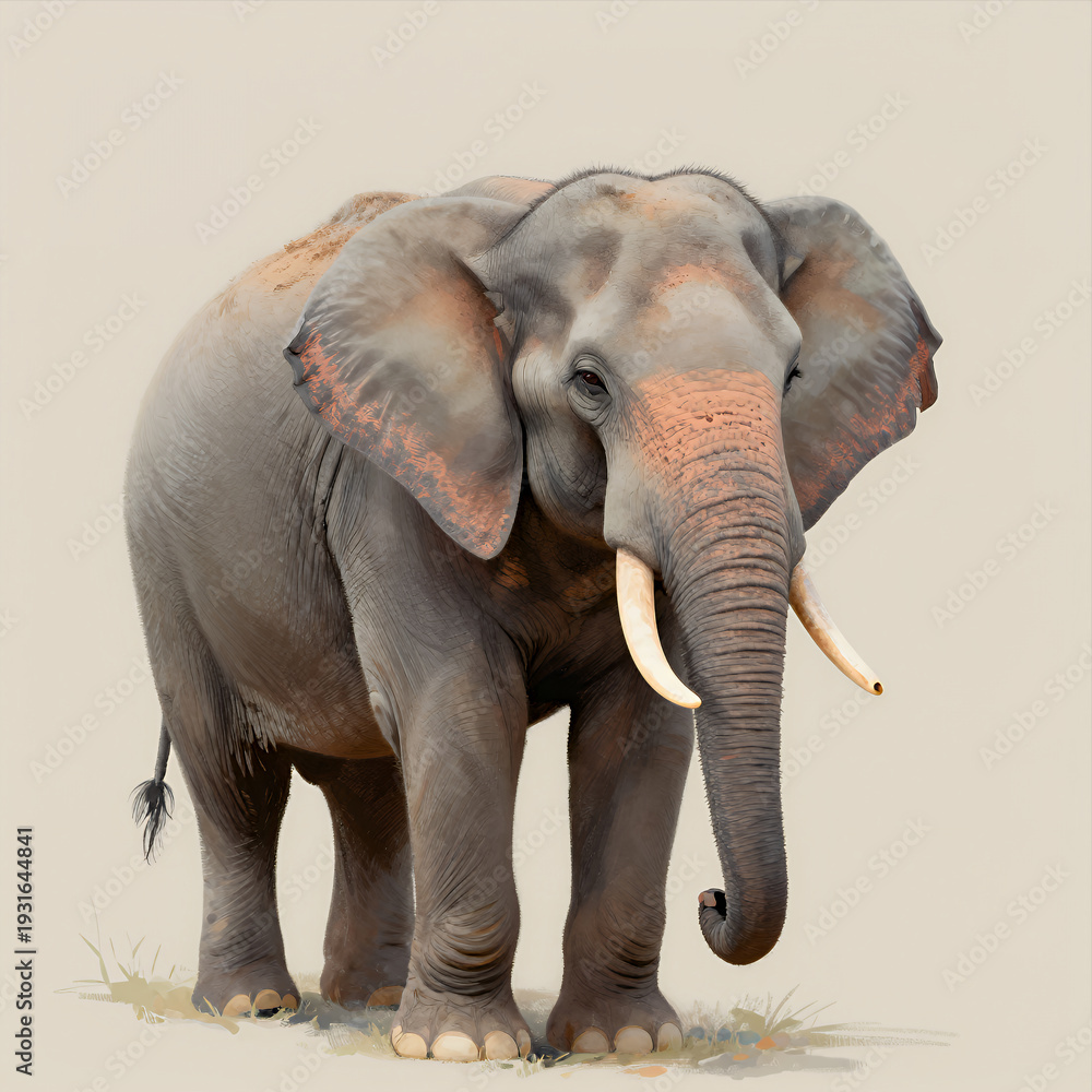 Obraz premium Realistic Illustration of an Adult Elephant Standing on Sandy Ground with Detailed Skin Texture and Large Ears Against a Neutral Beige Background