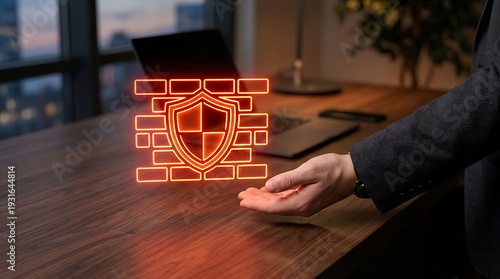 Businessman protecting data with glowing shield icon on wooden desk