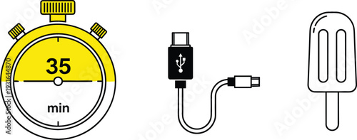 Time, Charging Cable, and Ice Cream Icon Set Featuring Stopwatch with 35 Minutes Timer, USB Connector, and Popsicle Outline Vector