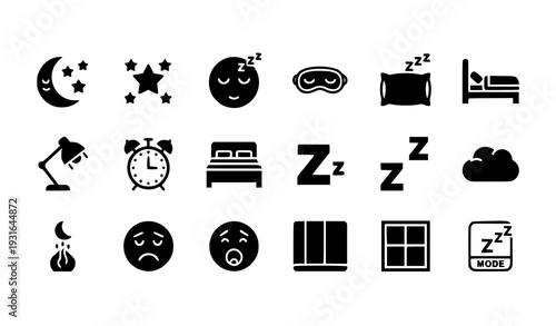 Clean Black Silhouette Sleep and Bedtime Icons Vector Set