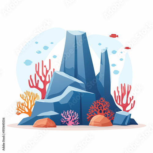 Colorful underwater ecosystem with impressive rock formations, vibrant coral, and swimming fish, depicting a thriving ocean life concept