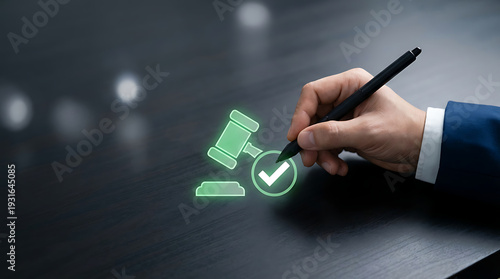 Businessman confirming agreement with digital gavel icon