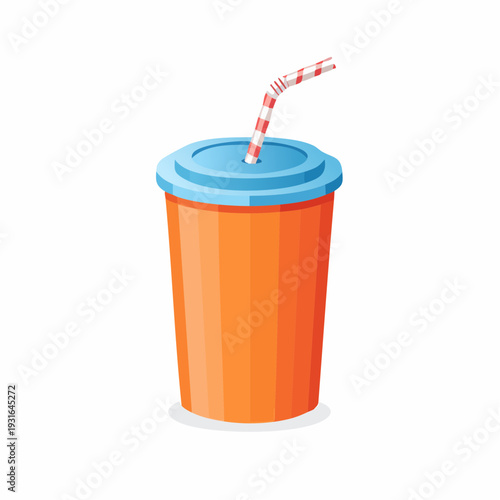 Vibrant cartoon-style disposable drink cup featuring a blue lid and classic striped straw, ideal for thirst-quenching refreshment