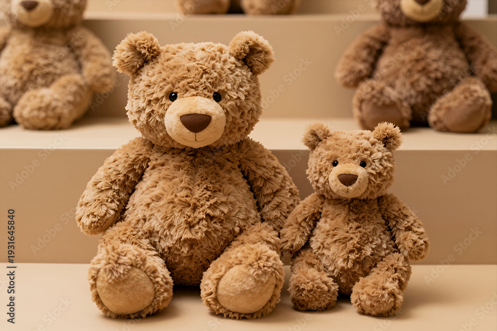 Obraz premium Soft Plush Teddy Bears Sitting on Beige Shelves in Cozy Arrangement Perfect for Children'S Room Decor or Gift Packaging Illustration