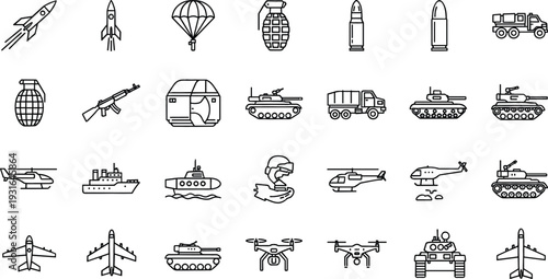 Military Vehicles and Weapons Line Icon Set Featuring Tank, Helicopter, Fighter Jet, Missile, Warship, Submarine, Drone and Army Equipment