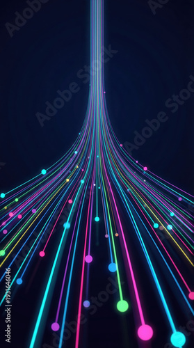Abstract data visualization showing colorful glowing lines and particles flowing into a central digital stream.