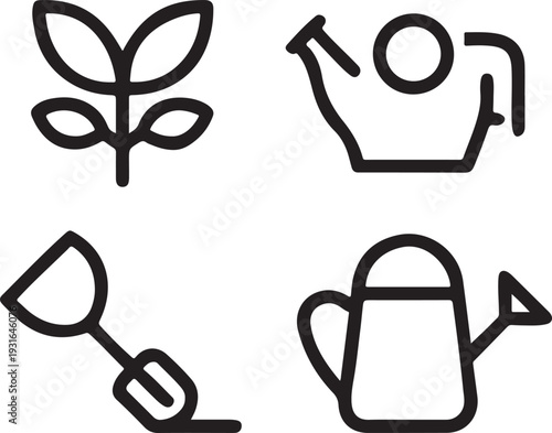 Set of simple gardening outline icons including plant, watering can and shovel tool