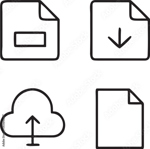 Set of simple file and cloud storage outline icons including document and upload symbols