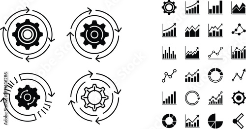 Black and white icons of gears, arrows, charts, and graphs representing workflow cycles, business process, data analysis, performance metrics, and optimization illustration design