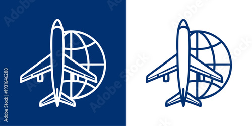 Logo agencia de viajes. Dibujo sencillo con líneas de un avión de pasajeros con un globo terráqueo