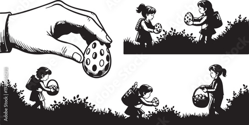Hand giving seed to girl planting in garden outdoors