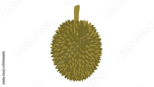 Close-up shot of a whole durian fruit with a green thorny skin on a white background.
