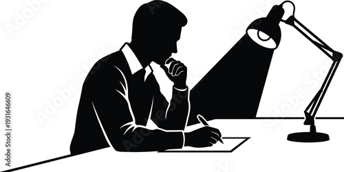 Black and white silhouette illustration of person writing at desk with lamp, thoughtful pose, studying, working, creative focus, education, concentration, academic task scene