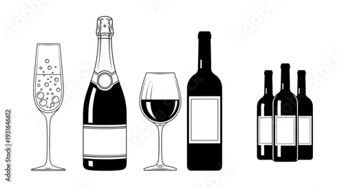 a clean graphic collection of various alcoholic beverages showcasing champagne and wine bottles with classic glasses.